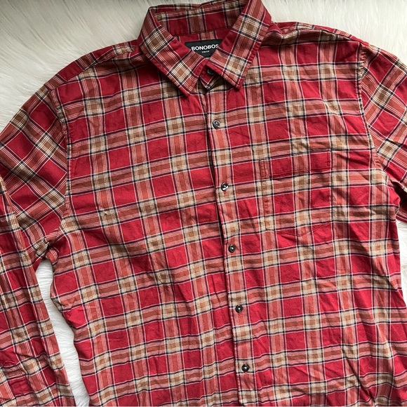 New Bonobos Long Sleeve Stretch Cotton Button Down Shirt Large Red Plaid - Picture 2 of 5